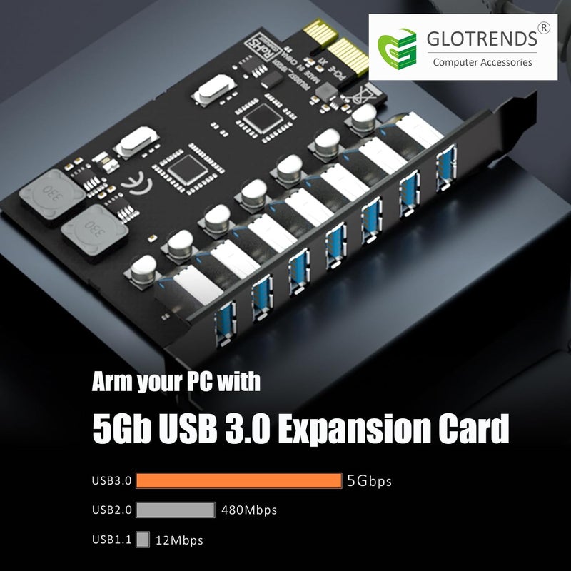 GLOTRENDS بطاقة توسيع PCIe 7-Port USB 3.0 Type-A 5Gb لمنصات Intel وAMD وARM، متوافقة مع Windows وLinux (لا تدعم Mac OS) - Image 2